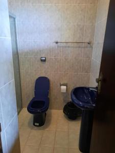 a bathroom with a blue toilet and a sink at Casa de Temporada Ponta Grossa - Paraty in Paraty