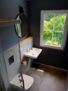 a bathroom with a sink and a window at Hotel Kornblume in Haundorf