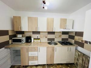 a small kitchen with a sink and a microwave at Apartament Bușteni in Buşteni +7 photos