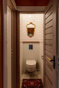 ein kleines Bad mit einem WC und einem Spiegel in der Unterkunft Boutique Apartment Virkas muiža in Kuldīga