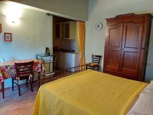 a bedroom with a bed and a table and a kitchen at Il Giovannello in Roccastrada