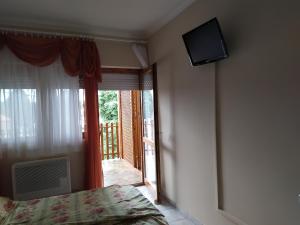 ザラカロシュにあるIldiko Appertementsのベッドルーム1室(ベッド1台、壁掛けテレビ付)