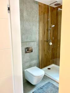a small bathroom with a toilet and a shower at Apartament LEA in Międzywodzie