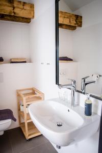 ein Badezimmer mit einem weißen Waschbecken und einem Spiegel in der Unterkunft Hotel Restaurant Na Návsi in Říčany u Brna