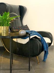 ein schwarzer Stuhl mit einem Tisch und einer Pflanze darauf in der Unterkunft Le Pont Kuss in Straßburg
