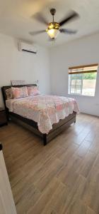 a bedroom with a bed and a ceiling fan at Azteca Villas in Treasure Beach