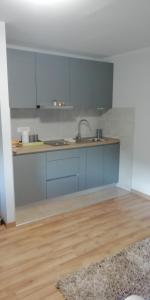 奧托查茨的住宿－Apartman Luce，厨房铺有木地板,配有蓝色橱柜和水槽。