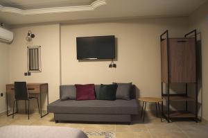 a living room with a couch and a tv on the wall at Elaėa Boutique Apartments in Piraeus