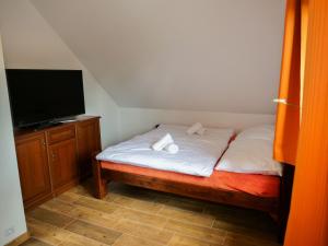 um pequeno quarto com uma cama e uma televisão de ecrã plano em Apartmánový dům 13 Rodinný em Seč