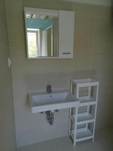 木洛希尼的住宿－Apartments Losinj，浴室设有白色水槽和镜子