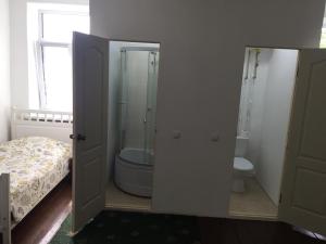a bathroom with a shower and a bed and a toilet at Hotel Rafinad in Sharhorod