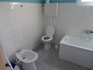 木洛希尼的住宿－Apartments Losinj，浴室配有卫生间、盥洗盆和浴缸。