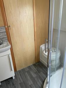 a bathroom with a shower and a toilet and a sink at Smoke (Rowington Narrowboats) in Warwick