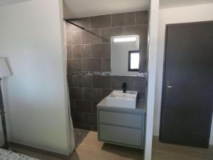 a bathroom with a sink and a mirror at Proche Lac du Salagou, Chambre agréable avec salle d'eau et WC privé in Lacoste