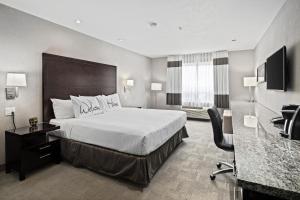 a hotel room with a bed and a desk at Home Inn & Suites Regina Airport in Regina +22 photos