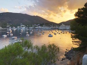 a group of boats in a harbor at sunset at Apartamento con vistas al mar in Cadaqués