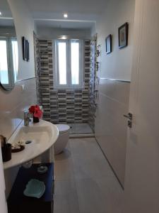een badkamer met een douche, een wastafel en een toilet bij A Casa do Lago in Pontevedra