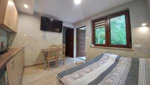 a bedroom with a bed and a table and a television at Cypla Czar in Polańczyk