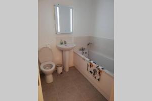 een badkamer met toilet, wastafel en bad bij Mews Apartment, Bushmills in Bushmills +6 foto's