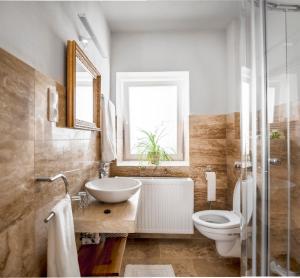 baño con lavabo y aseo y ventana en Florand Rooms&Wine, en Sopron