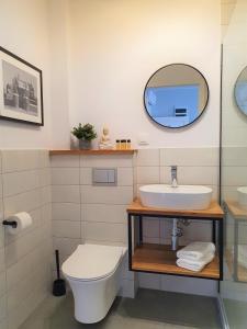 W łazience znajduje się umywalka, toaleta i lustro. w obiekcie Apartamenty K17 w mieście Malbork