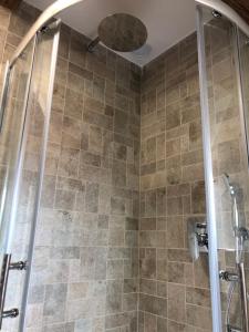 een badkamer met een douche en een glazen deur bij Egrensis Apartments in Loket