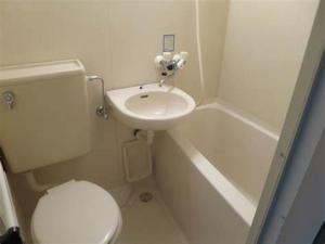 La petite salle de bains est pourvue de toilettes et d'un lavabo. dans l'établissement Blue House, à Nago