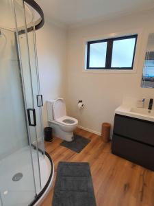 a bathroom with a shower and a toilet and a sink at Modern 1 bedroom guest house in Upper Hutt