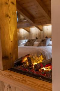 a fireplace in a room next to a bed at Ciandolada Wellness in Vodo Cadore