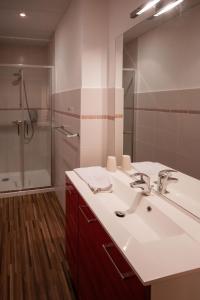 La salle de bains est pourvue d'un lavabo blanc et d'une douche. dans l'établissement lhotel, à Thouars