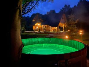 zielony basen przed domem w nocy w obiekcie Domek Szyjówka w mieście Chyrowa