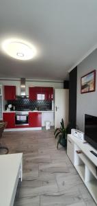 a living room with red cabinets and a kitchen at Lucys Haus 1 "am Peeneblick" in Peenemünde