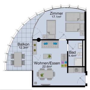 un plan d'étage d'une petite maison dans l'établissement HITrental Allmend Comfort Apartments, à Lucerne