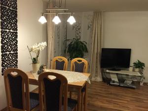 ein Esszimmer mit einem Tisch, Stühlen und einem TV in der Unterkunft Ferienwohnung Viktoria in Bad Kissingen