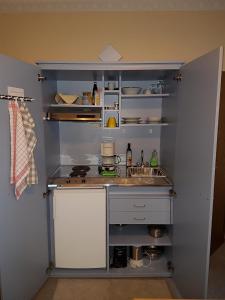 a small kitchen with a counter and some shelves at Haus Häselbarth in Bad Kissingen