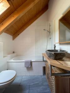 a bathroom with a sink and a tub at Ferienhaus Kreischberg - Silberhirschen Hütte in Sankt Lorenzen ob Murau +20 photos
