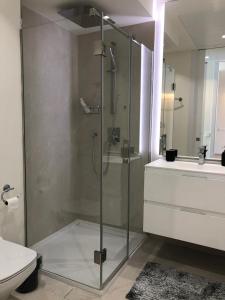 a bathroom with a shower and a toilet and a sink at Darya Estepona in Estepona