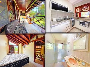 a collage of four pictures of a kitchen and bathroom at Maresias Canto do Mar in Maresias