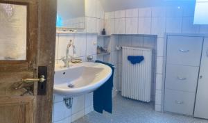 a bathroom with a sink and a blue and white wall at Ferienwohnung am Markt in Monschau +4 photos