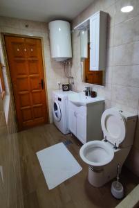 a bathroom with a toilet and a sink and a washing machine at Guesthouse MG in Žabljak