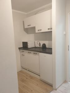 een keuken met witte kasten en een aanrecht bij Via VOLTA 3 bedroom Apartment in Płock