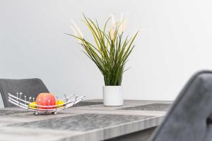 a table with an apple in a basket and a plant at Ferienhaus Ella in Dornumersiel +12 photos