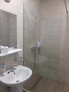 a bathroom with a sink and a glass shower at APUSENI HOLIDAYS in Răchiţele