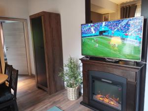 a television sitting on top of a fireplace in a living room at Chic Boutique Apart in Sinaia