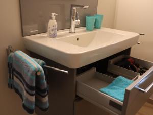 een badkamer met een witte wastafel en een spiegel bij Ferienwohnungen Seerose in Bad Zwischenahn