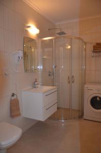 y baño con ducha, lavabo y lavadora. en APARTAMENTY OLEŃKA en Ustka