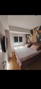 una camera con un grande letto e due finestre di RINES Apartment a Ohrid