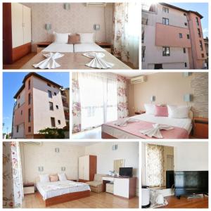 a collage of four pictures of a hotel room at Villa Mirage in Sozopol