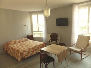 1 dormitorio con 1 cama, mesa y sillas en Hôtel des Thermes, en Bourbon-l'Archambault