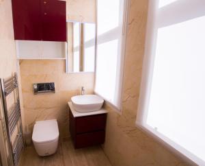 ein Bad mit einem WC, einem Waschbecken und einem Fenster in der Unterkunft Kew Bridge by Charles Hope in London
